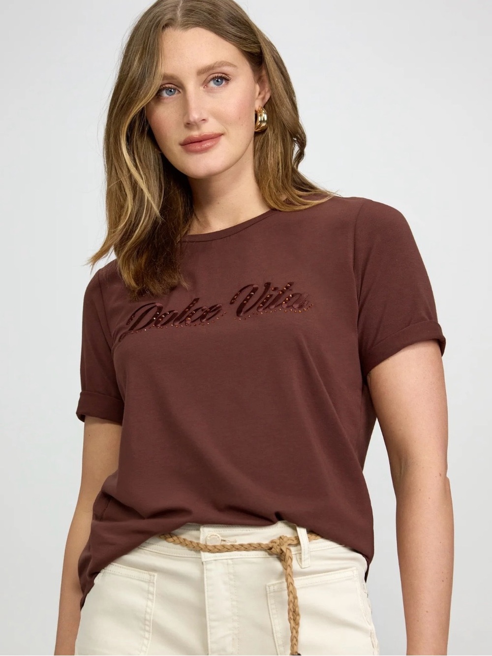 Casual Chocolate Brown Short-Sleeve Tee with Embellished Script
